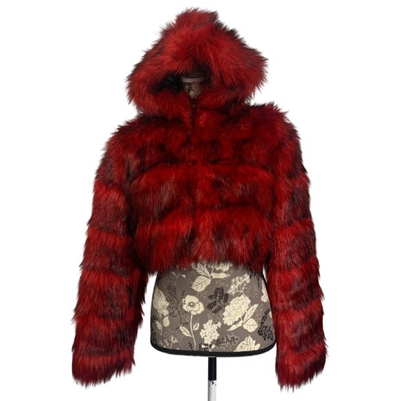FASHION Red Faux Fur Hooded Long Sleeve Cropped Coat Plush Jacket Womens 2XL - Picture 2 of 6